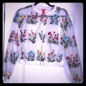 White mesh floral bomber jacket